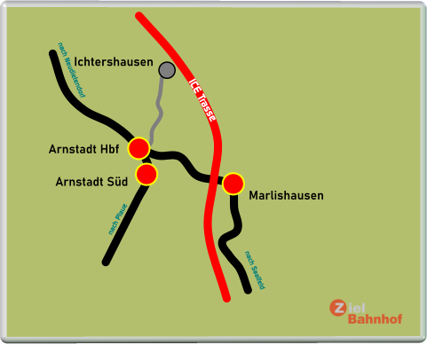 Arnstadt Hbf Arnstadt Süd Ichtershausen nach Neudietendorf nach Plaue nach Saalfeld ICE Trasse Marlishausen
