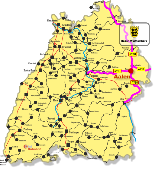 Freiburg Singen Vaihingen Tuttlingen Horb Ulm Bruchsal Heidelberg Rottweil Stuttgart Karlsruhe Offenburg Baden-Baden Mannheim Kehl Appenweiler Miltenberg Lauda Königshofen Osterburken Seckach Eberbach Moosbach Bad Friedrichshall- Jagstfeld Crailsheim Heilbronn Eppingen Meckesheim Hüffenhardt Aglasterhausen Neckargemünd Weinheim Germersheim Graben Neudorf Bretten Schwetzingen Schwäbisch Hall Backnang Waiblingen Rastatt Busenbach Bad Herrenalb Ittersbach Rathaus Mühlacker Pforzheim Bad Wildbad Ettlingen Steinsfurt Immendingen Wintersdorf Bietigheim- Bissingen Ludwigsburg Weil der Stadt Renningen Böblingen Filderstadt Detten- hausen Achern Bad Griesbach Ottenhöfen Freudenstadt Eutingen Herrenberg Hochdorf Tübingen Eyach Hechingen Balingen Schömberg Siegmaringen Villingen Trossingen Trossingen Stadt Hausach Biberach Oberharmsbach- Riersbach Denzlingen Elzach Breisach Bad Krozingen Münstertal Riegel Donaueschingen Titisee Seebruck Lörrach Kandern Basel Badischer Bahnhof Zell Neuhausen Badischer Bahnhof Bietingen Lauchringen Konstanz Radolfzell Stockach Welzheim Schondorf Amstetten Gerstetten Aalen Plochingen Wendlingen Oberlenningen Bad Urach Neuffen Metzingen Nürtingen Gammertingen Herbertingen Mengen Schelklingen Pfullendorf Stadtgarten Alshausen Aulendorf Bad Wurzach Roßberg Kißlegg Hergatz Friedrichshafen Laupheim Goldshöfe 4710 4940 4760 4710 Aalen Baden-Württemberg