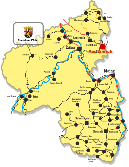 Kaiseresch Brohl Engeln Neustadt Koblenz Montabaur Mainz Kaiserslautern Andernach Remagen Ahrbrück Siershahn Au Altenkirchen Betzdorf Daaden Oberdreisbach Bingen Bingen-Stadt Bad Kreuznach Bad Münster Armsheim Alzey Kirchheim- bolanden Hochspeyer Kusel Lauterecken- Grumbach Landstuhl Konz Ingel Grenze Ehrang Traben-Trabach Püderich Gerolstein Landau Pirmasens Pirmasens Nord Hinterweidental Bundenthal- Rumbach Winden Bad Bergzabern Kapsweyer Grenze Worms Schifferstadt Monsheim Langmeil Freinsheim Grünstadt Ramsen Eiswoog Frankenthal Ludwigshafen Trier Germersheim Wörth Aar-Einrich Rheinland Pfalz