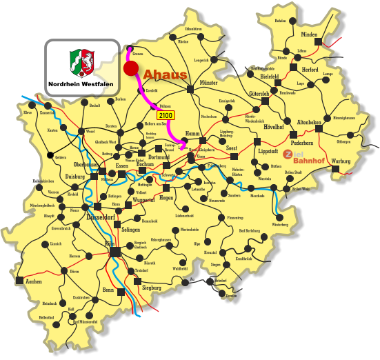 Unna-Königsborn Letmathe Iserlohn Castrop- Rauxel Unna Himmighausen Rheydt Remscheid Bergisch Gladbach Bocholt Borken Dorsten Wesel Xanten Mönchengladbach Kleve Viersen Emmerich Münster Warburg Altenbeken Paderborn Lippstadt Soest Siegburg Aachen Haan Ratingen Bonn Minden Herford Bielefeld Gütersloh Hamm Dortmund Duisburg Essen Mülheim Oberhausen Bochum Hagen Wuppertal Solingen Düsseldorf Köln Gronau Lünen Bottrop Gladbeck West Herne Reckling- hausen Kaldenkirchen Neuss Krefeld Grevenbroich Horrem Düren Kall Hellenthal Heimbach Linnich Euskirchen Bad Münstereifel Au Marienheide Lüdenscheid Fröndenberg Rüthen Warstein Ibbenbüren Lippborg- Heintrop Neubeckum Ennigerloh Neuenrade Sundern Neheim- Hüsten Finnentrop Olpe Schwerte Hövelhof Wanne-Eickel Meschede Winterberg Brilon Stadt Brilon Wald Siegen Kreuztal Waldbröhl Osberghausen Betzdorf Daaden Erndtbrück Troisdorf Bad Berleburg Geldern Ottbergen Dülmen Coesfeld Löhne Lage Lemgo Brackwede Rheda- Wiedenbrück Bad Rothenfelde Bünde Lengerich Rheine Rahden Hattingen Velbert Haltern am See Rösrath 2100 Nordrhein Westfalen Ahaus