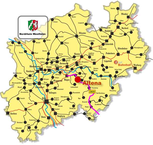Unna-Königsborn Letmathe Iserlohn Castrop- Rauxel Unna Himmighausen Rheydt Remscheid Bergisch Gladbach Bocholt Borken Dorsten Wesel Xanten Mönchengladbach Kleve Viersen Emmerich Münster Warburg Altenbeken Paderborn Lippstadt Soest Siegburg Aachen Haan Ratingen Bonn Minden Herford Bielefeld Gütersloh Hamm Dortmund Duisburg Essen Mülheim Oberhausen Bochum Hagen Wuppertal Solingen Düsseldorf Köln Gronau Lünen Bottrop Gladbeck West Herne Reckling- hausen Kaldenkirchen Neuss Krefeld Grevenbroich Horrem Düren Kall Hellenthal Heimbach Linnich Euskirchen Bad Münstereifel Au Marienheide Lüdenscheid Fröndenberg Rüthen Warstein Lippborg- Heintrop Neubeckum Ennigerloh Neuenrade Sundern Neheim- Hüsten Finnentrop Olpe Schwerte Wanne-Eickel Meschede Winterberg Brilon Stadt Brilon Wald Siegen Kreuztal Waldbröhl Osberghausen Betzdorf Daaden Erndtbrück Troisdorf Bad Berleburg Ottbergen Dülmen Coesfeld Löhne Lage Lemgo Brackwede Rheda- Wiedenbrück Bad Rothenfelde Bünde Lengerich Rheine Rahden Hattingen Velbert Rösrath 2800 Nordrhein Westfalen Altena