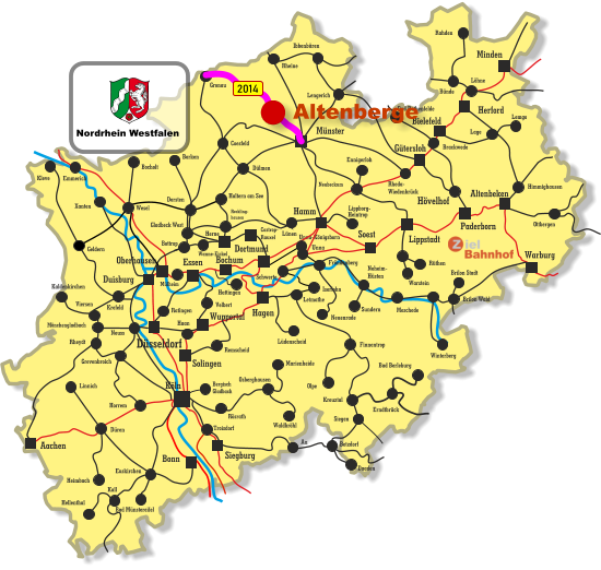 Unna-Königsborn Letmathe Iserlohn Castrop- Rauxel Unna Himmighausen Rheydt Remscheid Bergisch Gladbach Bocholt Borken Dorsten Wesel Xanten Mönchengladbach Kleve Viersen Emmerich Münster Warburg Altenbeken Paderborn Lippstadt Soest Siegburg Aachen Haan Ratingen Bonn Minden Herford Bielefeld Gütersloh Hamm Dortmund Duisburg Essen Mülheim Oberhausen Bochum Hagen Wuppertal Solingen Düsseldorf Köln Gronau Lünen Bottrop Gladbeck West Herne Reckling- hausen Kaldenkirchen Neuss Krefeld Grevenbroich Horrem Düren Kall Hellenthal Heimbach Linnich Euskirchen Bad Münstereifel Au Marienheide Lüdenscheid Fröndenberg Rüthen Warstein Ibbenbüren Lippborg- Heintrop Neubeckum Ennigerloh Neuenrade Sundern Neheim- Hüsten Finnentrop Olpe Schwerte Hövelhof Wanne-Eickel Meschede Winterberg Brilon Stadt Brilon Wald Siegen Kreuztal Waldbröhl Osberghausen Betzdorf Daaden Erndtbrück Troisdorf Bad Berleburg Geldern Ottbergen Dülmen Coesfeld Löhne Lage Lemgo Brackwede Rheda- Wiedenbrück Bad Rothenfelde Bünde Lengerich Rheine Rahden Hattingen Velbert Haltern am See Rösrath 2014 Nordrhein Westfalen Altenberge