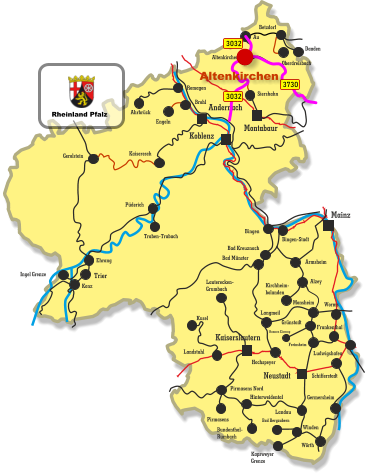Kaiseresch Brohl Engeln Neustadt Koblenz Montabaur Mainz Kaiserslautern Andernach Remagen Ahrbrück Siershahn Au Altenkirchen Betzdorf Daaden Oberdreisbach Bingen Bingen-Stadt Bad Kreuznach Bad Münster Armsheim Alzey Kirchheim- bolanden Hochspeyer Kusel Lauterecken- Grumbach Landstuhl Konz Ingel Grenze Ehrang Traben-Trabach Püderich Gerolstein Landau Pirmasens Pirmasens Nord Hinterweidental Bundenthal- Rumbach Winden Bad Bergzabern Kapsweyer Grenze Worms Schifferstadt Monsheim Langmeil Freinsheim Grünstadt Ramsen Eiswoog Frankenthal Ludwigshafen Trier Germersheim Wörth 3032 3032 3730 Altenkirchen Rheinland Pfalz
