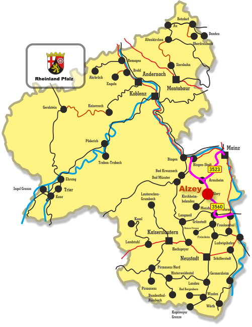 Kaiseresch Brohl Engeln Neustadt Koblenz Montabaur Mainz Kaiserslautern Andernach Remagen Ahrbrück Siershahn Au Altenkirchen Betzdorf Daaden Oberdreisbach Bingen Bingen-Stadt Bad Kreuznach Bad Münster Armsheim Alzey Kirchheim- bolanden Hochspeyer Kusel Lauterecken- Grumbach Landstuhl Konz Ingel Grenze Ehrang Traben-Trabach Püderich Gerolstein Landau Pirmasens Pirmasens Nord Hinterweidental Bundenthal- Rumbach Winden Bad Bergzabern Kapsweyer Grenze Worms Schifferstadt Monsheim Langmeil Freinsheim Grünstadt Ramsen Eiswoog Frankenthal Ludwigshafen Trier Germersheim Wörth 3560 3523 Alzey Rheinland Pfalz