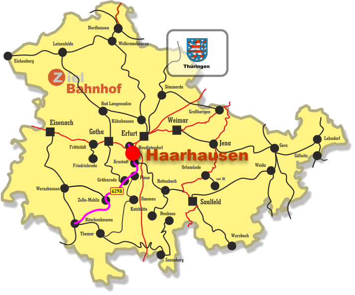 Arnstadt Rottenbach Katzhütte Wurzbach Orlamünde Weida unt. Bf Gera Lehndorf Gößnitz Großherigen Sömmerda Weimar Saalfeld Jena Erfurt Eisenach Gotha Eichenberg Nordhausen Wolkramshausen Leinenfelde Kühnhausen Bad Langensalza Fröttstädt Friedrichroda Neudietendorf Ritschenhausen Gräfenroda Plaue Ilmenau Themar Sonneberg Neuhaus Wernshausen Zella-Mehlis 6298 Thüringen Haarhausen