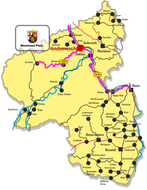 Kaiseresch Brohl Engeln Neustadt Koblenz Montabaur Mainz Kaiserslautern Andernach Remagen Ahrbrück Siershahn Au Altenkirchen Betzdorf Daaden Oberdreisbach Bingen Bingen-Stadt Bad Kreuznach Bad Münster Armsheim Alzey Kirchheim- bolanden Hochspeyer Kusel Lauterecken- Grumbach Landstuhl Konz Ingel Grenze Ehrang Traben-Trabach Püderich Gerolstein Landau Pirmasens Pirmasens Nord Hinterweidental Bundenthal- Rumbach Winden Bad Bergzabern Kapsweyer Grenze Worms Schifferstadt Monsheim Langmeil Freinsheim Grünstadt Ramsen Eiswoog Frankenthal Ludwigshafen Trier Germersheim Wörth 2630 3005 Andernach Rheinland Pfalz