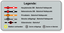 Legende: Hauptstrecke DB - Bahnhof Haltepunkt Nebenstrecke DB - Bahnhof Haltepunkt Privatbahn - Bahnhof Haltepunkt Zeche stillgelegt Zeche in Betrieb Strecke stillgelegt - Bahnhof Haltepunkt  Station vorhanden Güterstrecke - Bahnhof