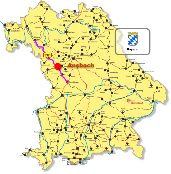 Wurzbach Lichtenfels Bamberg Erlangen Ingolstadt Tutzing Oberau Aschaffenburg Treuchtlingen Mittenwald Donauwörth Wüzburg Nürnberg Regensburg Plattling Passau Augsburg Murnau Günzburg München Melrichstadt Fludungen Ebenhausen Bad Kissingen Schweinfurt Kitzingen Gemünden Kahl Schönkrippen Miltenberg Ebern Coburg Bad Rodach Sonneberg Behringersmühle Ebermannstadt Forchheim Strullendorf Schlüsselfeld Fürth Markt Erlbach Cadolzburg Neustadt (Aisch) Steinach Rothenburg a.d.T. Ansbach Dombühl Windsbach Wickelsgreuth Pleinfeld Gunzenhausen Maxhütte-Haidhof Burglengenfeld Schwandorf Cham Waldmünchen Furth im Wald Grenze Lahm Weiden Neunkirchen Siegelsdorf Kirchenlaibach Schnabelwaid Bayreuth Weidenberg Neuenmarkt Wirsberg Münchberg Helmbrechts Hof Bad Steben Selb Stadt Schirnding Marktredwitz Neukirchen Simmelsdorf- Hüttenbach Hergatz Lindau Neu-Ulm Memmingen Mindelheim Buchloe Türkheim Bad Wörishofen Biessenhofen Füssen Kempten Garmisch- Partenkirchen Griesen  Grenze Pfronten Grenze Oberstdorf Immenstadt Oberammergau Weilheim Schöngau Landsberg Kaufering Bobingen Markt Wald Gessertshausen Mering Geltendorf Nördlingen Obertraubling Radldorf Neufahrn Eggmühl Langquaid Neuhausen Landshut Herrsching Wolfratshausen Dachau Altomünster München Flughafen Erding Markt Schwaben Grafing Wasserburg Neufahrn Mühldorf Neumarkt- St. Veit Rosenheim Deisenhofen Holzkirchen Kreuzstraße Lenggries Kochel Tegernsee Bayrischzell Traunstein Freyung Grafenau Zwiesel Bayrisch Eisenstein Bodenmais Viechtach Gotteszell Tüßling Burghausen Garching Obing Bad Endorf Waging Ruhpolding Freilassing Kufstein Grenze Mittenwald Grenze Hochstadt- Marktzeuln 5321 Bayern Ansbach