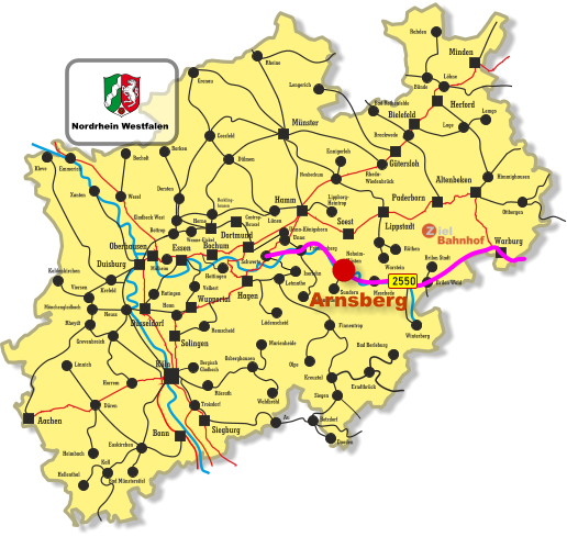 Himmighausen Unna-Königsborn Letmathe Iserlohn Castrop- Rauxel Unna Rheydt Remscheid Bergisch Gladbach Bocholt Borken Dorsten Wesel Xanten Mönchengladbach Kleve Viersen Emmerich Münster Warburg Altenbeken Paderborn Lippstadt Soest Siegburg Aachen Haan Ratingen Bonn Minden Herford Bielefeld Gütersloh Hamm Dortmund Duisburg Essen Mülheim Oberhausen Bochum Hagen Wuppertal Solingen Düsseldorf Köln Gronau Lünen Bottrop Gladbeck West Herne Reckling- hausen Kaldenkirchen Neuss Krefeld Grevenbroich Horrem Düren Kall Hellenthal Heimbach Linnich Euskirchen Bad Münstereifel Au Marienheide Lüdenscheid Fröndenberg Rüthen Warstein Lippborg- Heintrop Neubeckum Ennigerloh Neuenrade Sundern Neheim- Hüsten Finnentrop Olpe Schwerte Wanne-Eickel Meschede Winterberg Brilon Stadt Brilon Wald Siegen Kreuztal Waldbröhl Osberghausen Betzdorf Daaden Erndtbrück Troisdorf Bad Berleburg Ottbergen Dülmen Coesfeld Löhne Lage Lemgo Brackwede Rheda- Wiedenbrück Bad Rothenfelde Bünde Lengerich Rheine Rahden Hattingen Velbert Rösrath 2550 Nordrhein Westfalen Arnsberg