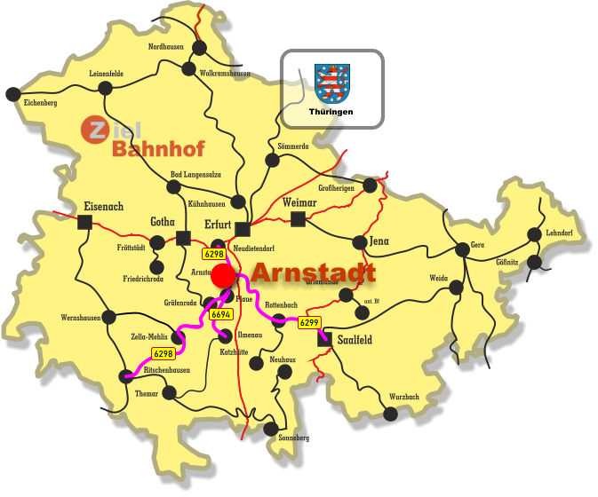 Arnstadt Rottenbach Katzhütte Wurzbach Orlamünde Weida unt. Bf Gera Lehndorf Gößnitz Großherigen Sömmerda Weimar Saalfeld Jena Erfurt Eisenach Gotha Eichenberg Nordhausen Wolkramshausen Leinenfelde Kühnhausen Bad Langensalza Fröttstädt Friedrichroda Neudietendorf Ritschenhausen Gräfenroda Plaue Ilmenau Themar Sonneberg Neuhaus Wernshausen Zella-Mehlis 6298 6694 6299 6298 Thüringen Arnstadt