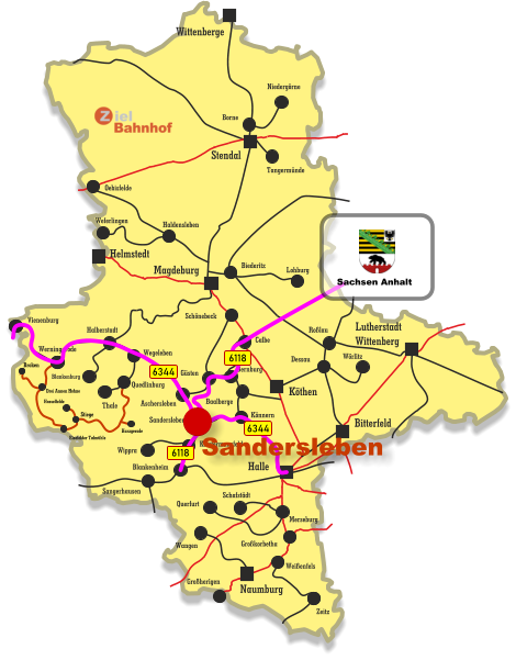 Großherigen Sangerhausen Blankenheim Klostermansfeld Wippra Sandersleben Könnern Baalberge Aschersleben Calbe Bernburg Güsten Schönebeck Dessau Wörlitz Roßlau Großkorbetha Weißenfels Merseburg Schafstädt Querfurt Wangen Zeitz Naumburg Halle Lutherstadt Wittenberg Köthen Stendal Helmstedt Wittenberge Magdeburg Bitterfeld Vienenburg Werningerode Halberstadt Blankenburg Wegeleben Quedlinburg Eisefelder Talmühle Stiege Hasselfelde Harzgerode Broken Drei Annen Hohne Tangermünde Niedergörne Borne Biederitz Haldensleben Weferlingen Lohburg Oebisfelde Thale 6118 6344 6344 6118 Sachsen Anhalt Sandersleben