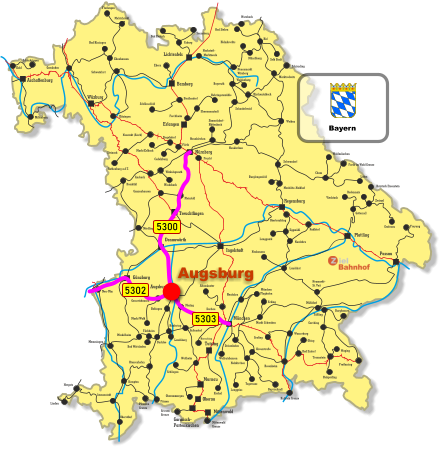 Wurzbach Lichtenfels Bamberg Erlangen Ingolstadt Tutzing Oberau Aschaffenburg Treuchtlingen Mittenwald Donauwörth Wüzburg Nürnberg Regensburg Plattling Passau Augsburg Murnau Günzburg München Melrichstadt Fludungen Ebenhausen Bad Kissingen Schweinfurt Kitzingen Gemünden Kahl Schönkrippen Miltenberg Ebern Coburg Bad Rodach Sonneberg Behringersmühle Ebermannstadt Forchheim Strullendorf Schlüsselfeld Fürth Markt Erlbach Cadolzburg Neustadt (Aisch) Steinach Rothenburg a.d.T. Ansbach Dombühl Windsbach Wickelsgreuth Pleinfeld Gunzenhausen Maxhütte-Haidhof Burglengenfeld Schwandorf Cham Waldmünchen Furth im Wald Grenze Lahm Weiden Neunkirchen Siegelsdorf Kirchenlaibach Schnabelwaid Bayreuth Weidenberg Neuenmarkt Wirsberg Münchberg Helmbrechts Hof Bad Steben Selb Stadt Schirnding Marktredwitz Neukirchen Simmelsdorf- Hüttenbach Hergatz Lindau Neu-Ulm Memmingen Mindelheim Buchloe Türkheim Bad Wörishofen Biessenhofen Füssen Kempten Garmisch- Partenkirchen Griesen  Grenze Pfronten Grenze Oberstdorf Immenstadt Oberammergau Weilheim Schöngau Landsberg Kaufering Bobingen Markt Wald Gessertshausen Mering Geltendorf Nördlingen Obertraubling Radldorf Neufahrn Eggmühl Langquaid Neuhausen Landshut Herrsching Wolfratshausen Dachau Altomünster München Flughafen Erding Markt Schwaben Grafing Wasserburg Neufahrn Mühldorf Neumarkt- St. Veit Rosenheim Deisenhofen Holzkirchen Kreuzstraße Lenggries Kochel Tegernsee Bayrischzell Traunstein Freyung Grafenau Zwiesel Bayrisch Eisenstein Bodenmais Viechtach Gotteszell Tüßling Burghausen Garching Obing Bad Endorf Feucht Waging Ruhpolding Freilassing Kufstein Grenze Mittenwald Grenze Hochstadt- Marktzeuln 5300 5302 5303 Bayern Augsburg